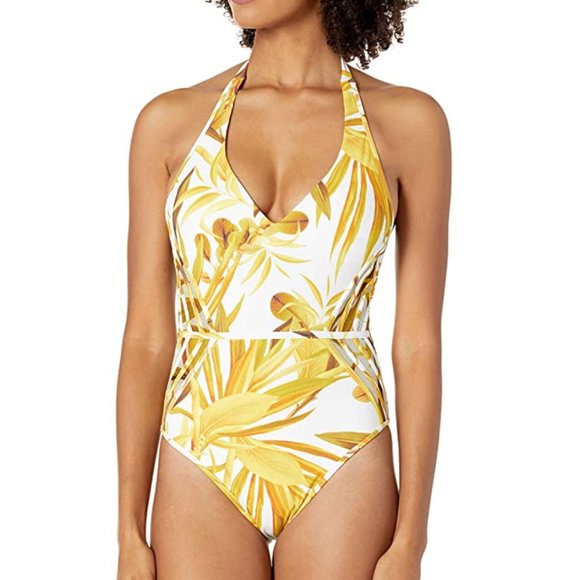 BCBGMaxAzria Other - BCBGMAXAZRIA Yellow White One Piece Swimsuit Open Back Low V-Neck Halter Size 4
